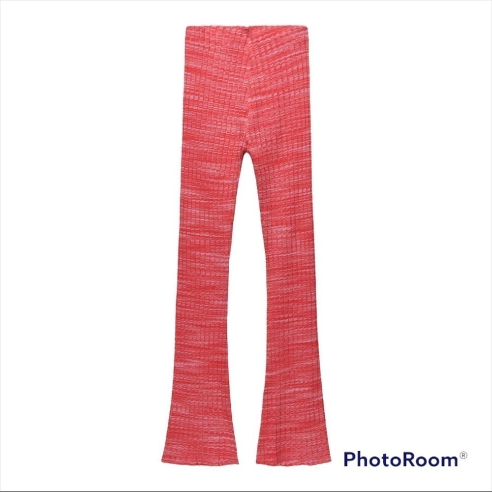 ZARA Red Ribbed High Rise Knit Flare Pants Medium - Picture 5 of 11